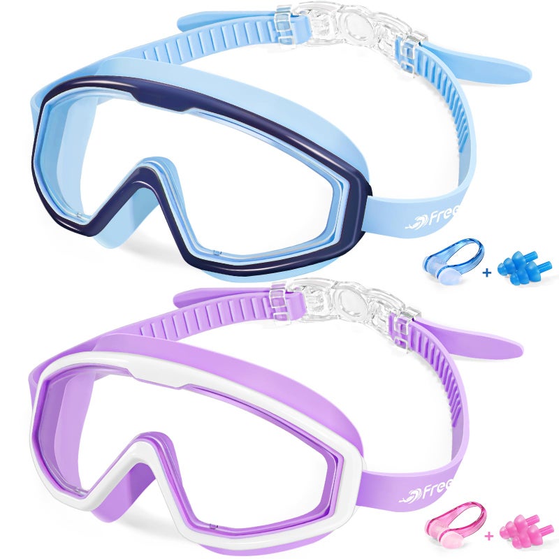 Freela Swim Goggles for Kids 6-14 4-7 8-12 3-6 2-4 3-5 3-10 4-8, Boys Girls Swimming Goggles Anti Fog UV Protection Waterproof No Leaking, Toddler Water Clear Beach Pool Goggles, light Blue & Purple - Image 1